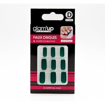 GLAM UP Glam'Up Paris – Unghie finte – Copertura completa – Facile da usare, 24 pezzi + adesivi double face, forma quadrata, n. 247, verde scuro GLAM UP Glam'Up Paris – Unghie finte – Copertura completa – Facile da usare, 24 pezzi + adesivi double face, forma quadrata, n. 247, verde scuro