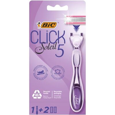 BIC Click 5 Soleil Rasoio ricaricabile da donna con 5 lame e testa girevole e nastro lubrificante per una rasatura precisa e confortevole, 1 manico + 2 ricariche BIC Click 5 Soleil Rasoio ricaricabile da donna con 5 lame e testa girevole e nastro lubrificante per una rasatura precisa e confortevole, 1 manico + 2 ricariche
