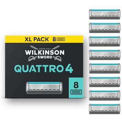 Wilkinson Sword Quattro, ricariche rasoio uomo, confezione da 8 Rasoio da uomo con 4 lame rivestite in diamante, griglia protettiva per ridurre le irritazioni, impugnatura ergonomica Wilkinson Sword Quattro, ricariche rasoio uomo, confezione da 8 Rasoio da uomo con 4 lame rivestite in diamante, griglia protettiva per ridurre le irritazioni, impugnatura ergonomica