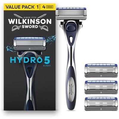 Wilkinson Sword Hydro 5, rasoio da uomo, formato convenienza, azione idratante, lame rivestite in carbonio, set manico + 4 ricariche Wilkinson Sword Hydro 5, rasoio da uomo, formato convenienza, azione idratante, lame rivestite in carbonio, set manico + 4 ricariche
