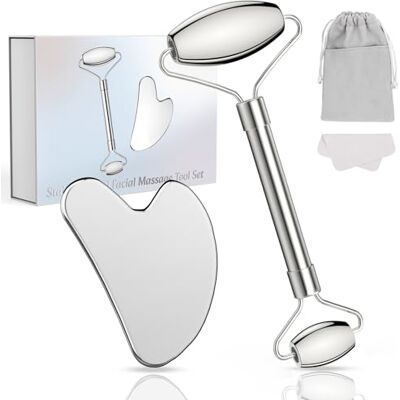 Alyvisun Gua Sha Viso & Rullo Viso Lifting, Strumento Massaggia Viso Acciaio Inox, Gua Sha Kit con Borsa per Trasporto e Panno per Pulizia Alyvisun Gua Sha Viso & Rullo Viso Lifting, Strumento Massaggia Viso Acciaio Inox, Gua Sha Kit con Borsa per Trasporto e Panno per Pulizia