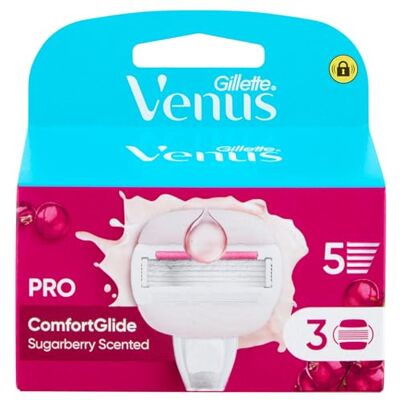 Gillette Set di 3 ricariche per rasoio da donna, Pro ComfortGlide Profumo Sugarberry, Autentique, con 5 lame e cura idratante Olay contro la pelle secca dopo la rasatura del corpo e dei peli Gillette Set di 3 ricariche per rasoio da donna, Pro ComfortGlide Profumo Sugarberry, Autentique, con 5 lame e cura idratante Olay contro la pelle secca dopo la rasatura del corpo e dei peli