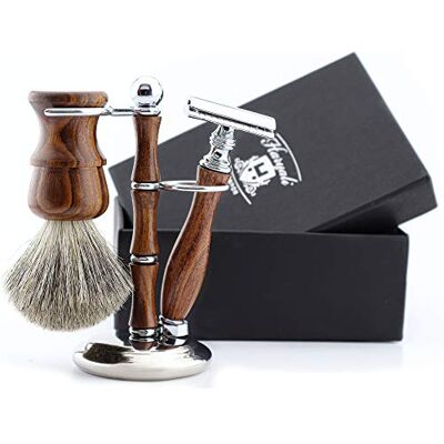 Haryali London , kit da barba in legno da 3 pezzi per uomo: rasoio di sicurezza a doppio taglio, pennello da barba in tasso, rasoio a doppio taglio e supporto per pennello set da barba tradizionale Haryali London , kit da barba in legno da 3 pezzi per uomo: rasoio di sicurezza a doppio taglio, pennello da barba in tasso, rasoio a doppio taglio e supporto per pennello set da barba tradizionale