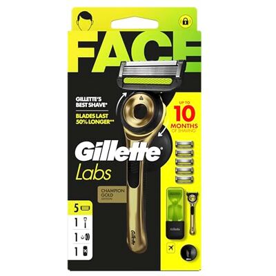 Gillette Champion Gold Edition, rasoio da uomo, 1 manico e custodia da viaggio, 5 ricariche di lame, barra esfoliante, gancio da parete, comodo contenitore per il bagno Gillette Champion Gold Edition, rasoio da uomo, 1 manico e custodia da viaggio, 5 ricariche di lame, barra esfoliante, gancio da parete, comodo contenitore per il bagno