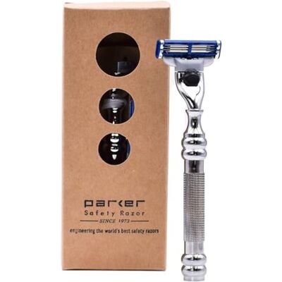 Parker 43M Rasoio a tripla lama interamente in metallo, con struttura in ottone + manico cromato testurizzato di lusso, include una lama Gillette Mach 3 Parker 43M Rasoio a tripla lama interamente in metallo, con struttura in ottone + manico cromato testurizzato di lusso, include una lama Gillette Mach 3
