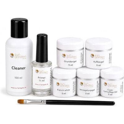 Sun Little Rock Set di Gel UV 5 x 5 ml UV/LED con Primer, Gel Ricostruente, Gel Base, Gel Sigillante, French Cover Bianco, Gel Mimetico, Cleaner, Pennello per Nail Art Sun Little Rock Set di Gel UV 5 x 5 ml UV/LED con Primer, Gel Ricostruente, Gel Base, Gel Sigillante, French Cover Bianco, Gel Mimetico, Cleaner, Pennello per Nail Art