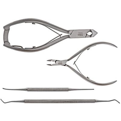 Rhein Instrumente Podologie Instrumenti, set di 4 pinze per unghie, tagliaunghie e pinza per cuticole, sollevatore angolare, lima angolare in acciaio inox, tappi di protezione inclusi Rhein Instrumente Podologie Instrumenti, set di 4 pinze per unghie, tagliaunghie e pinza per cuticole, sollevatore angolare, lima angolare in acciaio inox, tappi di protezione inclusi