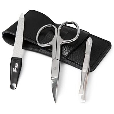 TITANIA Set per manicure (3 pezzi) • Set manicure di alta qualità in vera pelle • Con forbici per unghie, lima per unghie Solingen e pinzette Solingen, set per manicure (nero) TITANIA Set per manicure (3 pezzi) • Set manicure di alta qualità in vera pelle • Con forbici per unghie, lima per unghie Solingen e pinzette Solingen, set per manicure (nero)