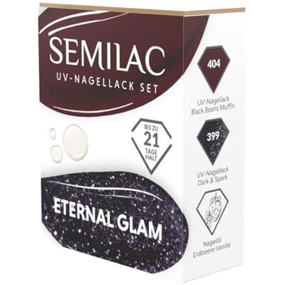 Semilac Set di smalti UV Eternal Glam – 2 smalti gel colori blu scuro e marrone 404 Black Beans muffin + 399 Dark & Spark + olio per unghie fragola vaniglia Semilac Set di smalti UV Eternal Glam – 2 smalti gel colori blu scuro e marrone 404 Black Beans muffin + 399 Dark & Spark + olio per unghie fragola vaniglia