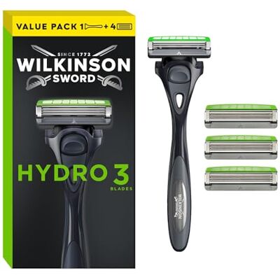 Wilkinson Sword Hydro 3 Black Edition Rasoio a 3 Lame per Uomo Testina con Gel all'Aloe Rasatura Confortevole per Pelli Sensibili Confezione x1 Rasoio + x5 Testine Wilkinson Sword Hydro 3 Black Edition Rasoio a 3 Lame per Uomo Testina con Gel all'Aloe Rasatura Confortevole per Pelli Sensibili Confezione x1 Rasoio + x5 Testine