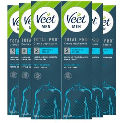 VEET Men Crema Depilatoria da Uomo Total Pro per Pelli Sensibili Idratante e Profumata con Spatola per Applicazione e Rimozione Crema 6 Flaconi da 200ml VEET Men Crema Depilatoria da Uomo Total Pro per Pelli Sensibili Idratante e Profumata con Spatola per Applicazione e Rimozione Crema 6 Flaconi da 200ml