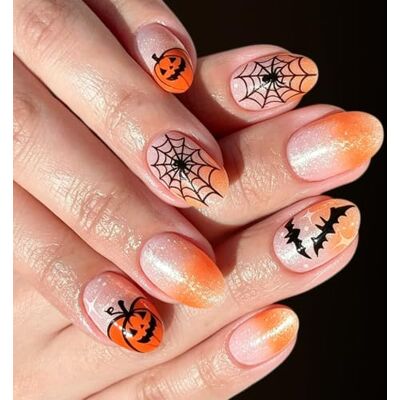 Vdaxvme Set di bellezza per feste di Halloween, 24 punte finte ovali, sfumato glitterato con ragnatela, zucca, pipistrello, opera d'arte e applicazione rapida con linguetta per Halloween, premere su manicure Vdaxvme Set di bellezza per feste di Halloween, 24 punte finte ovali, sfumato glitterato con ragnatela, zucca, pipistrello, opera d'arte e applicazione rapida con linguetta per Halloween, premere su manicure