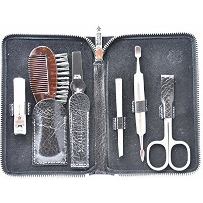 Pfeilring Astuccio per manicure "Argentina", in pelle bovina, con 6 inserti in nichel (lima per unghie, pinzetta, doppio strumento, tagliaunghie, forbici, spazzola per barba), colore: nero Pfeilring Astuccio per manicure "Argentina", in pelle bovina, con 6 inserti in nichel (lima per unghie, pinzetta, doppio strumento, tagliaunghie, forbici, spazzola per barba), colore: nero