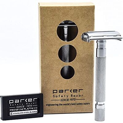 74R Cromo Satinato Rasoio di Sicurezza da Uomo Pesante a Farfalla Doppio Bordo con Manico Lungo, 5 Lame di Rasoio Parker Premium Platinum a Doppio Bordo Incluse 74R Cromo Satinato Rasoio di Sicurezza da Uomo Pesante a Farfalla Doppio Bordo con Manico Lungo, 5 Lame di Rasoio Parker Premium Platinum a Doppio Bordo Incluse