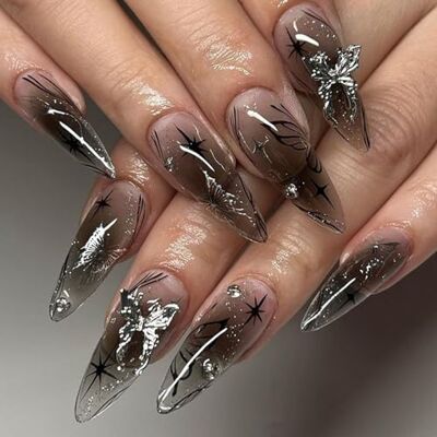 acsewater Unghie finte Press On Nails Almond Medium Black Blush False Nail Star 3D Butterfly Acrylic Stick on Nails Wraps 24Pcs acsewater Unghie finte Press On Nails Almond Medium Black Blush False Nail Star 3D Butterfly Acrylic Stick on Nails Wraps 24Pcs