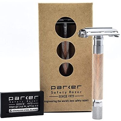 74R Rose Gold Rasoio di Sicurezza da Uomo Pesante a Farfalla Doppio Bordo con Manico Lungo, 5 Lame di Rasoio Parker Premium Platinum a Doppio Bordo Incluse 74R Rose Gold Rasoio di Sicurezza da Uomo Pesante a Farfalla Doppio Bordo con Manico Lungo, 5 Lame di Rasoio Parker Premium Platinum a Doppio Bordo Incluse