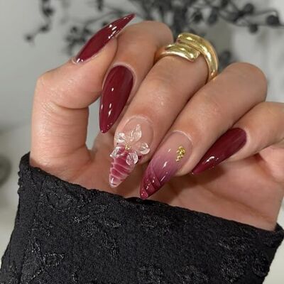 Tsophreniq Set di unghie a pressione alla moda in rilievo motivi floreali rosso vino ombra confortevole a forma di mandorla ABS set artificiale vino rosso stampa stick floreale mandorla Tsophreniq Set di unghie a pressione alla moda in rilievo motivi floreali rosso vino ombra confortevole a forma di mandorla ABS set artificiale vino rosso stampa stick floreale mandorla