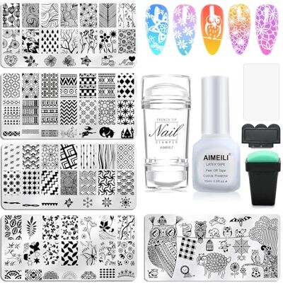 AIMEILI 5pcs Nail Art Stamping Piatti + 2 Timbro + 2 Raschietti + 1 Liquid Latex, Disegni Unghie Stampini Stencil Unghie Set Piastre per Unghie e Timbro Stamper Scraper Piatti Templates AIMEILI 5pcs Nail Art Stamping Piatti + 2 Timbro + 2 Raschietti + 1 Liquid Latex, Disegni Unghie Stampini Stencil Unghie Set Piastre per Unghie e Timbro Stamper Scraper Piatti Templates