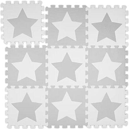 Relaxdays Tappeto Puzzle 9 Parti, 18 P.zi, Gommapiuma EVA, Atossico, Motivo a Stella, Antiurto, 91x91cm, Grigio/Bianco, Colore Chiaro, Set da 9 pezzi,