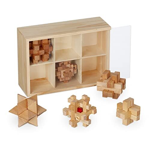 Relaxdays Set di Rompicapo in Legno, 6 Giochi di Intelligenza, Box con Puzzle di Logica, per Bambini e Adulti, Marrone