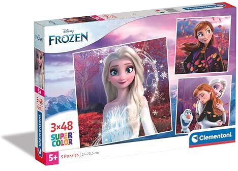 Clementoni - Disney Frozen Supercolor Frozen-3x48 (Include 3 48 Pezzi) Bambini 5 Anni, Puzzle Cartoni Animati, Made in Italy, Multicolore,