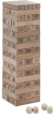 Relaxdays Torre Traballante, Gioco di Abilità con 54 Blocchi in Legno, con Numeri e Dadi, 26,5 x 7,5 x 7,5 cm, Naturale