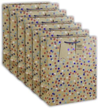 Eurowrap Clairefontaine  Set di 6 sacchetti regalo Kraft, formato grande, 26,5 x 14 x 33 cm, 210 g, motivo: pois multicolore su sfondo kraft, ideale per: giochi da tavolo, puzzle, regali