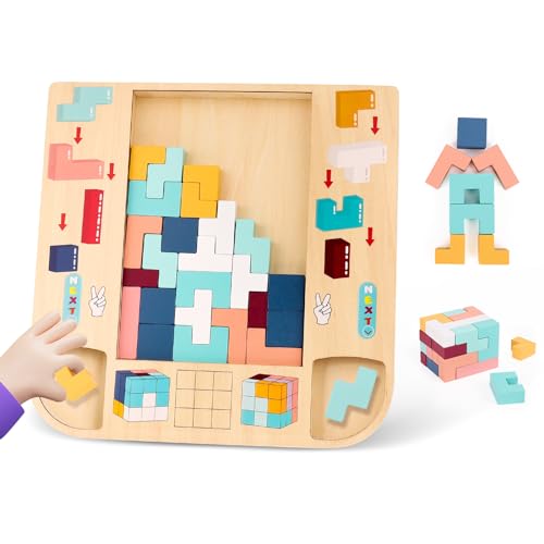 Glovios Tetra Tetris Giocattoli Montessoriani Cerebrale in legno Gioco della torre Tangram da 3 4 5 anni Gioco QI di logica 3D 3 in 1 Montessori Puzzle cubo Regalo per bambini ragazzi e ragazze