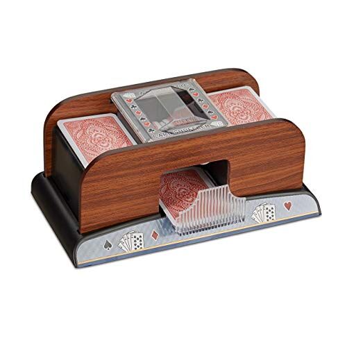 Relaxdays Mescolatore automatico di carte, 2 set di carte da poker ramino a batteria, effetto legno, naturale, per 8,8 x 6,3 cm