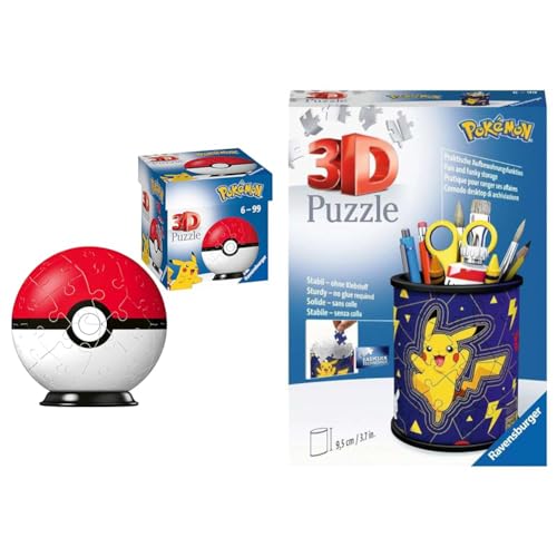 Ravensburger 3D Puzzleball, Pokémon Pokeball Classic, 54 Pezzi, età Raccomandata 6+, Colore Bianco, 11256 2 & 3D Puzzle 11257 9, Portapenne Pokemon, Età Raccomandata 6+