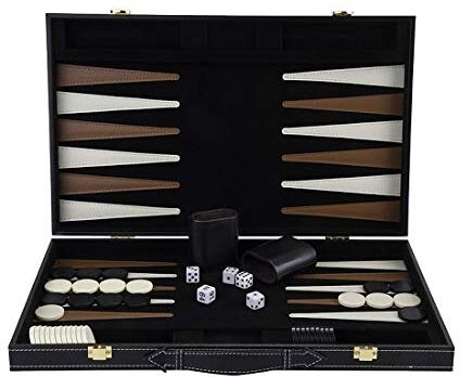 Engelhart Gioco di Backgammon in Legno Deluxe in Custodia Rivestita in Similpelle, 2 Giocatori, 5 Dadi, 2 Tazze e Shuffleboard, (Marrone/Avorio 45,7 cm)