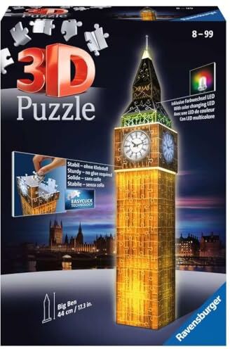 Ravensburger 3D Puzzle Big Ben Night Edition con Luce, Londra, 216 Pezzi, 8+ Anni