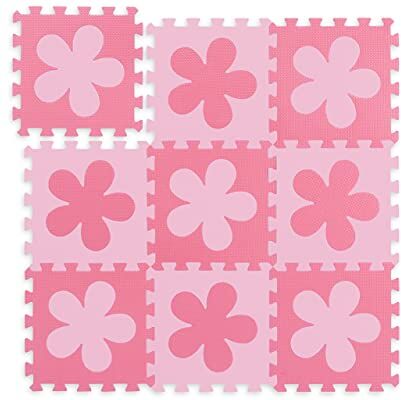 Relaxdays Tappeto Puzzle a Fiori, 9 Tasselli, Parti a Incastro, Area 91,5x91,5 cm, Gommapiuma EVA Atossico, Rosa Pink, Colore, 1 x 91.5 x 91.5 cm,