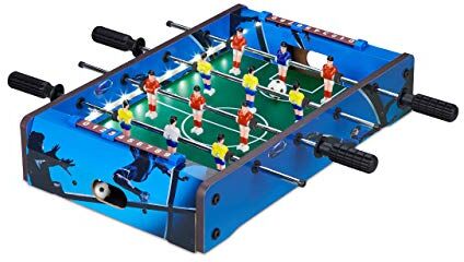 Relaxdays Biliardino Calcio Balilla da Tavolo, con Illuminazione LED, Bambini & Adulti, 4 Aste con 2 Palline, Mini, Blu, Colore,