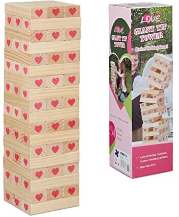 Relaxdays Torre Traballante, con Cuori, 54x15x15 cm, Gioco d'Abilità, 54 Blocchi, Bambini, Adulti, Legno, Naturale Rosa, 100%