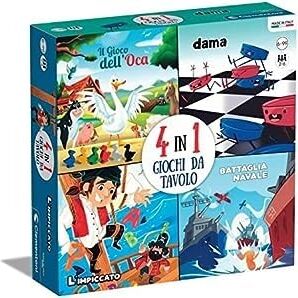 Clementoni - 4 in 1 Giochi compendio dell'oca, Battaglia navale, Dama e L'impiccato Tavolo Bambini 6 Anni, Gioco in Scatola, 2-12 Giocatori, Made in Italy, Multicolore,