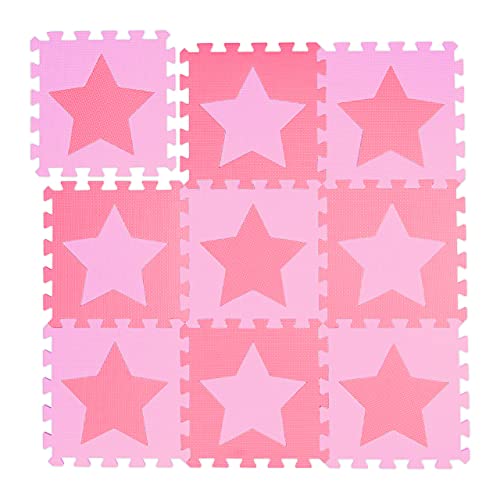 Relaxdays Tappeto Puzzle con Stelle, 9 Tasselli, 18 Parti, Gommapiuma EVA Atossico Area da Gioco 91 x 91 cm, Rosa, Colore,