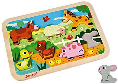 Janod Chunky Puzzle Puzzle Spesso Degli 7 Pezzi “Animali della fattoria”, in Legno Motricità Fine e Concentrazione Da 18 Mesi in Su,