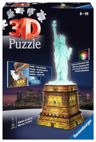 Ravensburger 3D Puzzle Statua Della Libertà Night Edition con Luce, New York, 108 Pezzi, 8+ Anni