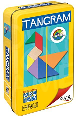 Cayro Tangram Dai 7 Anni in Su Pezzi di Legno Colorati Gioco da Tavolo Educativo Ideale per Bambini e Adulti 7 Tangram, 1 Scatola di Metallo e Libro Illustrato.