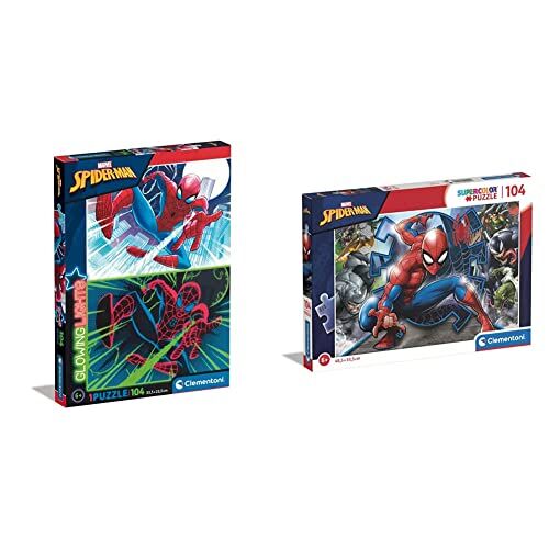 Clementoni - Spider-Man Glowing Lights Collection-Marvel Spiderman, Fluorescente 104 Pezzi-Made in Italy, 27555 & Spider-Man Supercolor Puzzle Man-104 pezzi, 27116