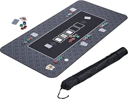 Relaxdays Tappeto da Poker 180x90cm, Tappetino Carte da Gioco Texas Holdem, Panno Rettangolare Poliestere,Antracite Nero, Gomma 50% poliresina, 180x90 cm