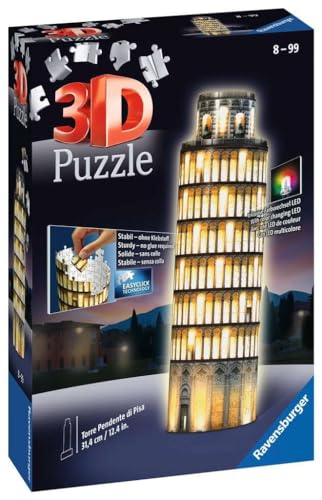 Ravensburger 3D Puzzle Torre Di Pisa Night Edition con Luce, Italia, 216 Pezzi, 8+ Anni