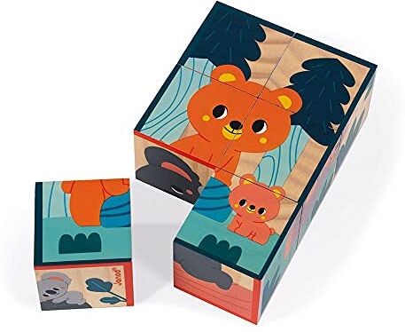 Janod Puzzle Bambini Cubi in Legno Animali Gioco Educativo Prima Infanzia Osservazione e Coordinamento Collaborazione WWF- Certificato FSC Da 1 Anno in Su,