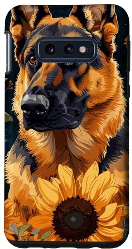 German Shepherd Dog Lover Pet Portrait Sunflowers Custodia per Galaxy S10e Motivo floreale con pastore tedesco, stile western