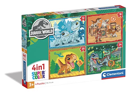 Clementoni Supercolor Jurassic World-4 12,16,20 e 24 Pezzi Bambini 3 Anni, Puzzle Cartoni Animati-Made In Italy, Multicolore,