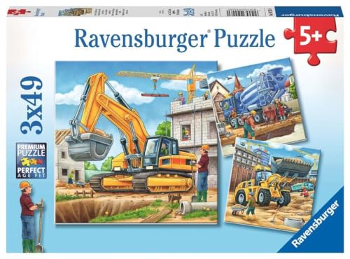 Ravensburger - Veicoli e Costruzioni Tiere 3 Puzzle da 49 Pezzi, Multicolore,