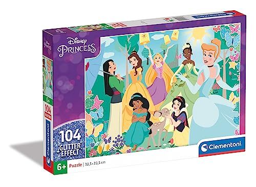 Clementoni Disney Princess Glitter Princess-104 pezzi-Made in Italy, bambini 6 anni, cartoni animati, principesse, supercolor puzzle, Multicolore, Medium,