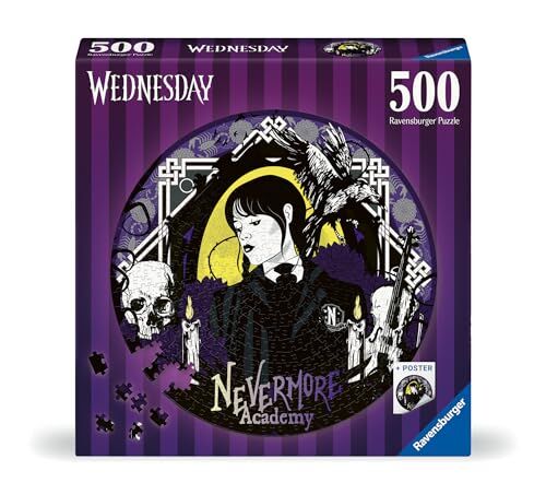 Ravensburger Puzzle Rotondo Mercoledì Addams, Round Puzzle 500 Pezzi, Idea regalo, per Lei o Lui, Puzzle Adulti