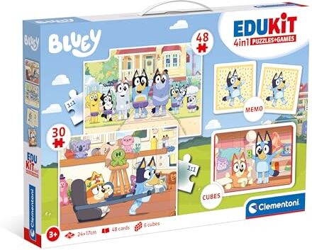 Clementoni Edukit 4 In 1 Bluey Set Giochi Da Tavolo (Memo, Puzzle 30 e 48 Pezzi, 6 Cubi), Educativo 3 Anni, Gioco di Memoria e Logica, Carte Da Accoppiare, Puzzle Bambini, Made In Italy